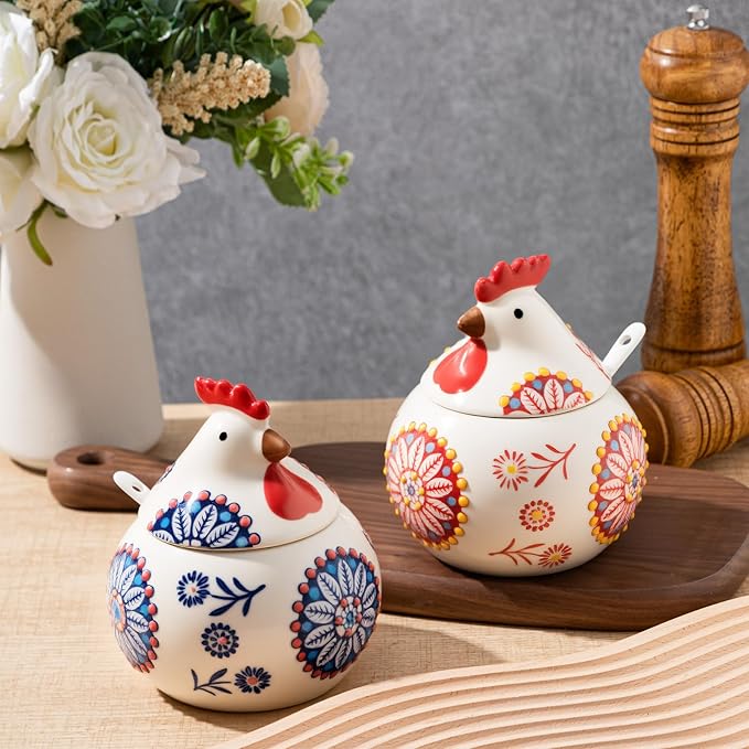 LemonRoad 2 Pcs Ceramic Salt Cellar with Lid and Spoon, 13oz Large Chicken Rooster Cookie Jar Salt Containers Holder for Countertop Spices, Ideal for Adding Charm to Kitchen Christmas Decor(Red,Blue)