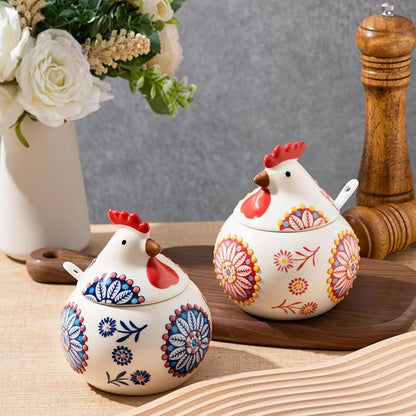 LemonRoad 2 Pcs Ceramic Salt Cellar with Lid and Spoon, 13oz Large Chicken Rooster Cookie Jar Salt Containers Holder for Countertop Spices, Ideal for Adding Charm to Kitchen Christmas Decor(Red,Blue)
