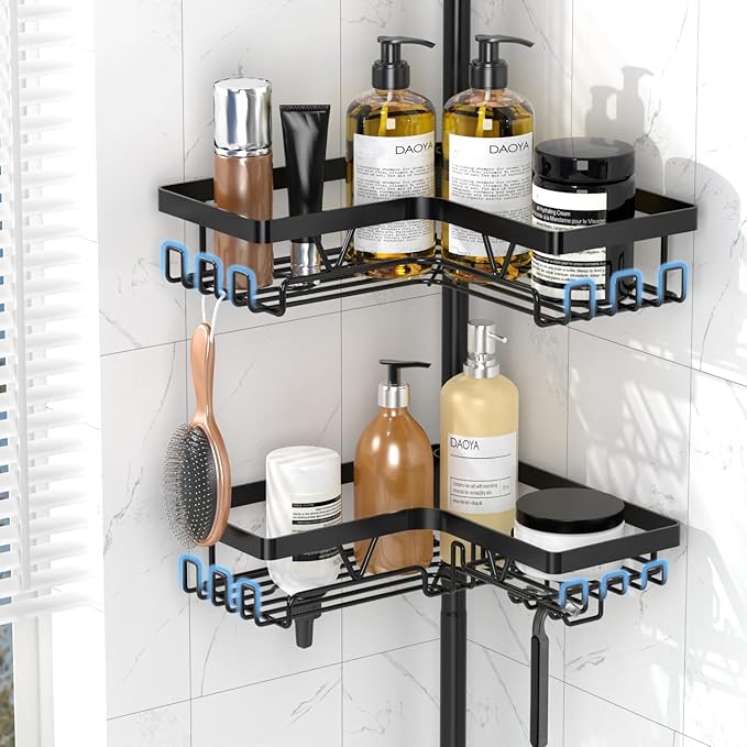 DAOYA Shower Caddy Tension Pole with Anti-Fog Shaving Mirror, Tension Rod Shower Caddy Corner for Bathroom Organizer, Black