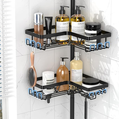 DAOYA Shower Caddy Tension Pole with Anti-Fog Shaving Mirror, Tension Rod Shower Caddy Corner for Bathroom Organizer, Black