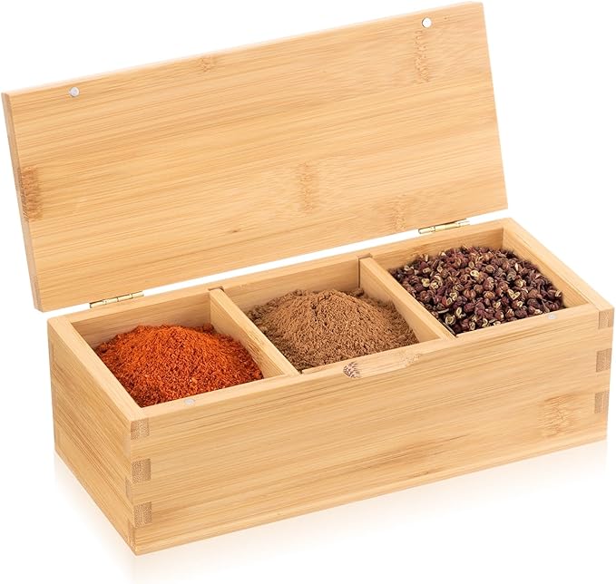 Bamboo Salt Cellar Spice Box with Magnetic Lid 29oz Large Capacity Salt Organizer 3 Compartments for Kitchen Countertop, Pepper, Seasonings, Spices, Grilling & Cooking