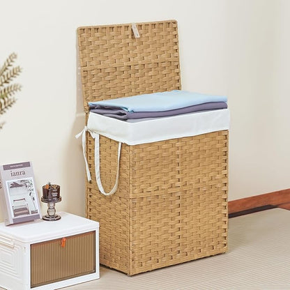 DUMOS Woven Laundry Basket with Lid, 90L Large Capacity Hamper, Removable & Machine-Washable Liner, Foldable Rattan Clothes Hamper, Sturdy Steel Frame, Odor Control, Goose Yellow