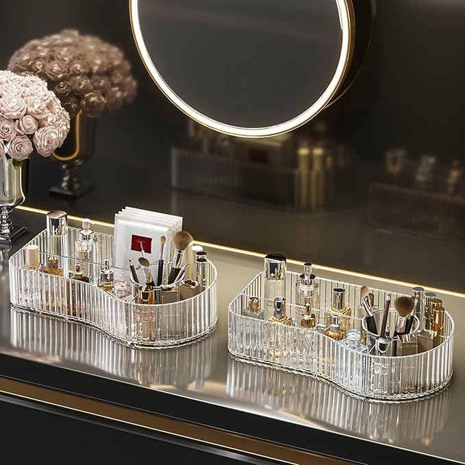 Clear Makeup Organizer Countertop for Vanity Acrylic Skincare Storage and Make up Organization for Desk Cosmetic Display Case and Makeup Brush Holder for Bedroom,Bathroom,5 Compartments