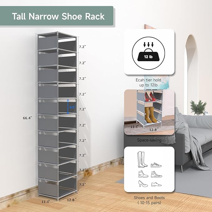 10 Tier Vertical Shoe Rack - Grey Narrow Shoe Rack for Closet & Entryway, Space Saving Tall Shoe Organizer for Small Spaces, Sturdy Skinny Shoe Tower Stand for Boots & Heels, Grey