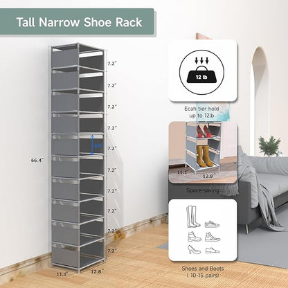 10 Tier Vertical Shoe Rack - Grey Narrow Shoe Rack for Closet & Entryway, Space Saving Tall Shoe Organizer for Small Spaces, Sturdy Skinny Shoe Tower Stand for Boots & Heels, Grey