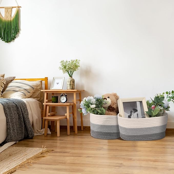 Sawysine 6 Pcs Storage Baskets Bulk for Organizing Cotton Rope Woven Basket with Handles for Gift Cloth Shelves Blanket Toys Living Room(Gray and White)