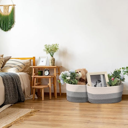Sawysine 6 Pcs Storage Baskets Bulk for Organizing Cotton Rope Woven Basket with Handles for Gift Cloth Shelves Blanket Toys Living Room(Gray and White)