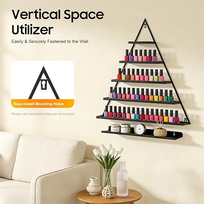 Elegant Gold Wall Mounted Nail Polish Rack - Set of 6 Triangular Cosmetic Display Shelves for Essential Oil Bottles, Organize Your Lipsticks and Perfumes in Style at Home or Salon (Black)