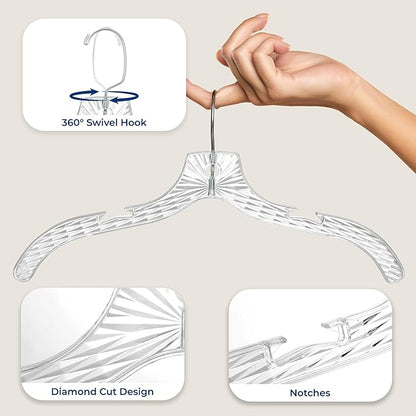 SereneLife 50 Pack Transparent Plastic Hangers, Crystal Clear, Non-Slip with Notched Shoulders, Ultra-Thin Space Saving, Closet & Retail Use, with Swivel Hook for Clothes, Shirts, Dresses, Jackets