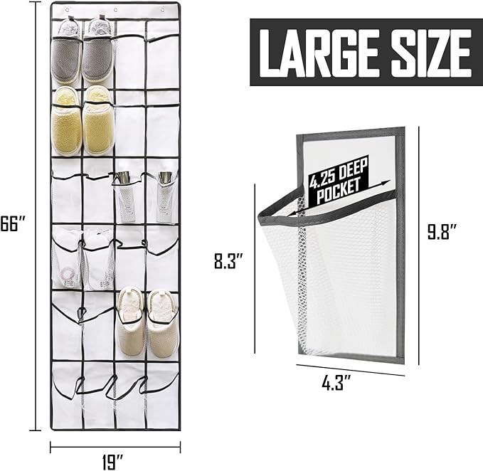 Over the Door Shoe Organizer, 24 Large Breathable Mesh Pockets, Space Saving Hanging Storage Holder, Hangs on Closets for Shoes, Accessories, 3Hooks, GREY (66"x 19")