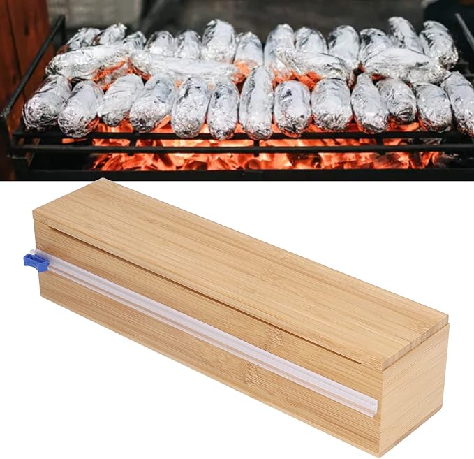 BigKing Wooden Plastic Wrap Dispenser with Cutter - Aluminum Foil Holder, Wax Paper Storage Box for Refrigerator, Kitchen Bamboo Organizer, Compatible with 13" Roll