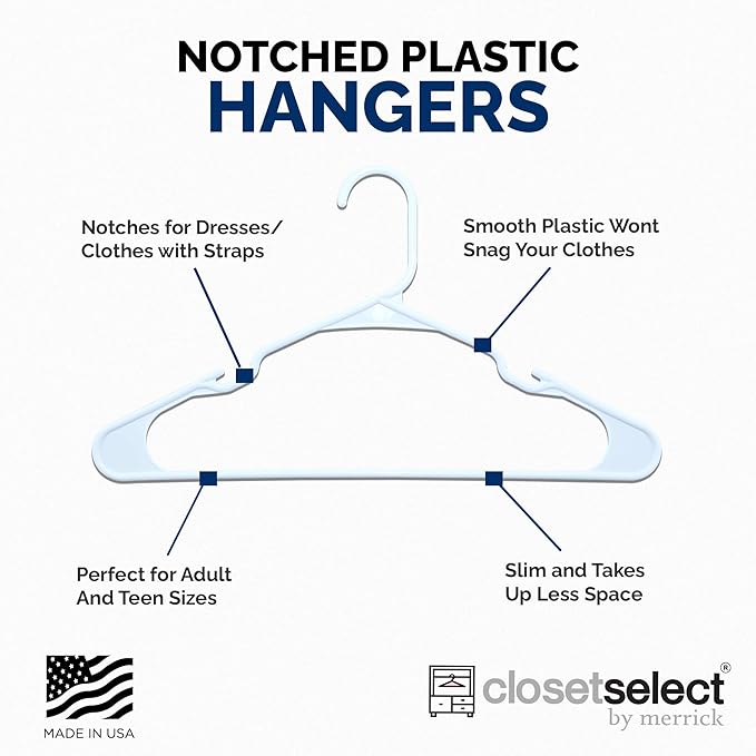 Plastic Hangers 50 Pack, Strong Space Saving Clothes Hanger, Made in USA, Perfect Shirt or Coat Plastic Hanger, with Shoulder Grooves, White, Notched