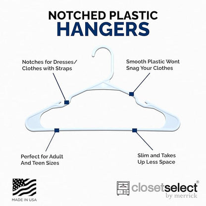 Plastic Hangers 50 Pack, Strong Space Saving Clothes Hanger, Made in USA, Perfect Shirt or Coat Plastic Hanger, with Shoulder Grooves, White, Notched