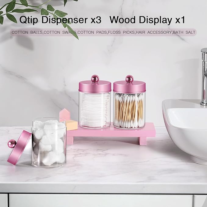 Pink Qtip Holder Bathroom Set - 3 Pack Apothecary Jars with Metal Lids and Vanity Tray.Bathroom Organizers and Storage, Cute Vanity Makeup Organizer, Bathroom Decor Accessories