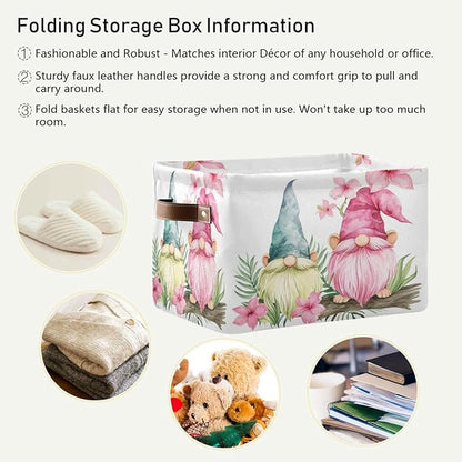 Large Storage Basket Gnomes Spring Storage Bin Cube Canvas Fabric Organizer Handles Collapsible for Clothes Toys Bedroom Decorative