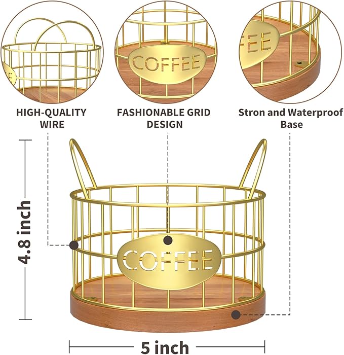 Coffee Pod Holder, Rustic K Cup Holder Organizer for Counter, Coffee Pods Storage Organizer for Coffee Bar Accessories Decor(Gold-02)