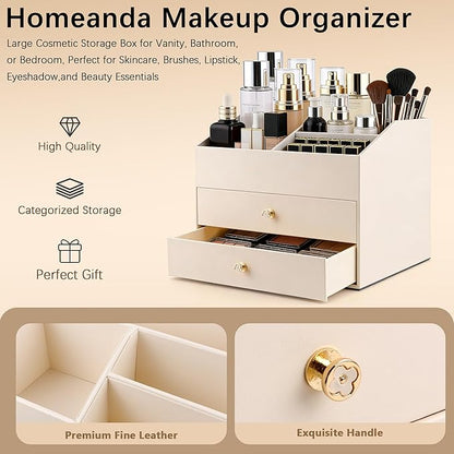 Homeanda Makeup Organizer with Drawers, PU Leather Cosmetic Storage Box Large Cosmetic Display Case for Skincare, Lipstick, Brushes, Bedroom Storage(Beige)