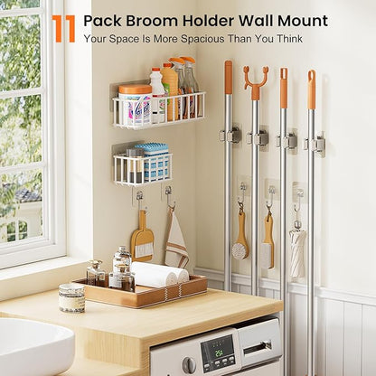 11 Pack Broom Holder Wall Mount Self Adhesive,Broom and Mop Organizer Wall Hanging with Cleaning Supplies Organizer and Utility Hooks Grippers,Broom Hanger Storage Rack for Closet Cabinet Laundry Room