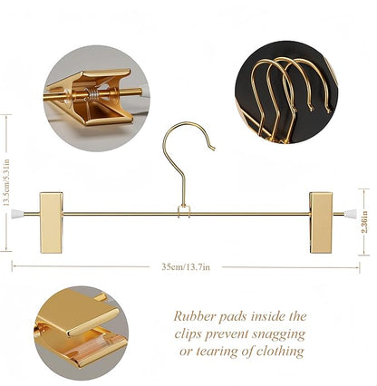 Gold Aluminum Pants Hangers,Hangers with 2-Adjustable Clip,Solid Skirt Hangers Space Saving Hanging Clothes Hangers Metal Rack for Trouser