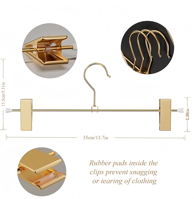 Gold Aluminum Pants Hangers,Hangers with 2-Adjustable Clip,Solid Skirt Hangers Space Saving Hanging Clothes Hangers Metal Rack for Trouser