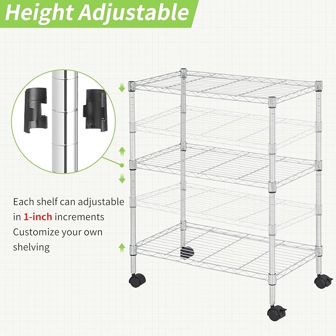 Wire Shelving 32" H x 23W x 13D Storage Shelf with Wheels Adjustable 3 Tier Metal Shelves Unit for Small Places Kitchen Storage Rack Shelf Organizer, 450Lbs Capacity, Chrome
