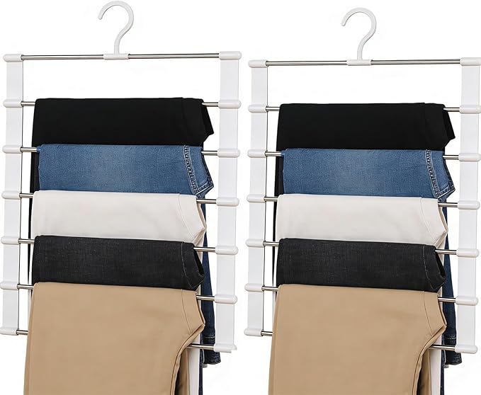 Magic Pants Hangers Space Saving, 2 Pack Pants Hangers Space Saving, 7 Tier Closet Organizers and Storage Clothes Hanger, Multiple Metal Hanger Clothes Organization for Pants Trousers Jeans Leggings