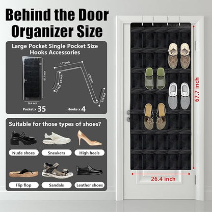 Over the Door Shoe Organizer 35 Pockets, Black Folding Hanging Shoe Rack for Door with Metal Hooks, No-Drill Install, Space-Saving Door Shoe Organizer for Closet, 67.7in x 26.4in