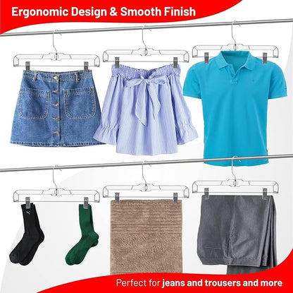 DEILSY™ Pants Hangers with Clips 12 Pack – 14 Inch Clear Plastic Skirt Hangers, 360° Swivel Hook, Clip Hangers for Pants, Skirts, Jeans, Shorts & Trousers – Space Saving, Non-Slip