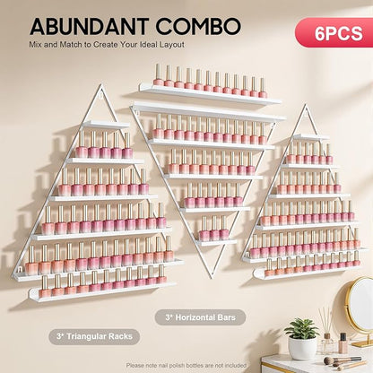 Elegant Gold Wall Mounted Nail Polish Rack - Set of 6 Triangular Cosmetic Display Shelves for Essential Oil Bottles, Organize Your Lipsticks and Perfumes in Style at Home or Salon (White)