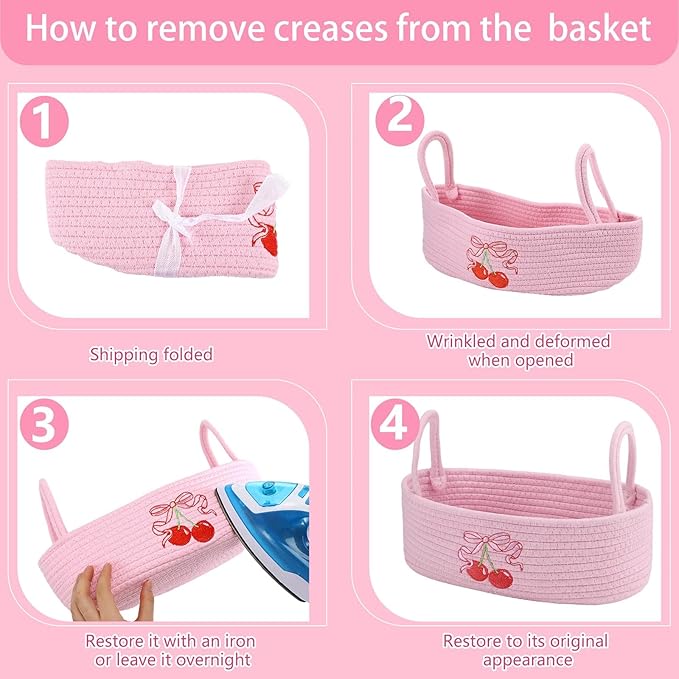 Vesici Cherries Toilet Paper Basket Boho Woven Cotton Rope Bathroom Countertop Organizer with Handle Pink Bow Cherry Bathroom Storage Decor for Toilet Closet Bedroom Nursery, 13 x 6 x 4 Inch