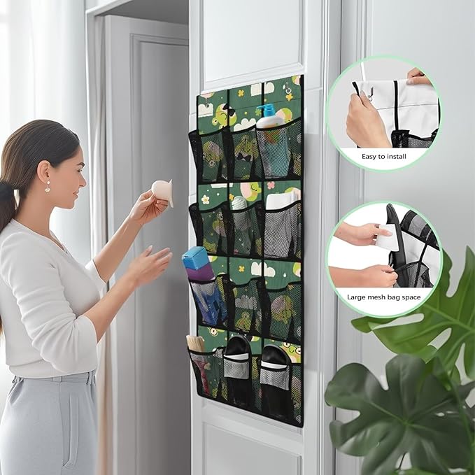 12 Large Mesh Pockets Cartoon Frog Over the Door Shoe Organizer Sturdy Oxford Fabric Hanging Shoe Rack for Closet Shoe Organizer Door Hanger