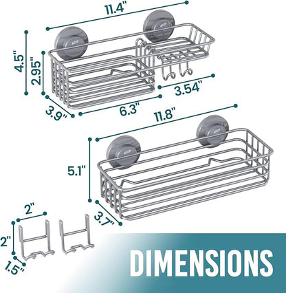 TAILI Shower Caddy Suction Cup 2 Pack with Hooks & Soap Holder, Heavy Duty Shower Organizer for Bathroom, No Drilling Bathroom Organizer with Large Capacity, Metal Storage Holder-Grey