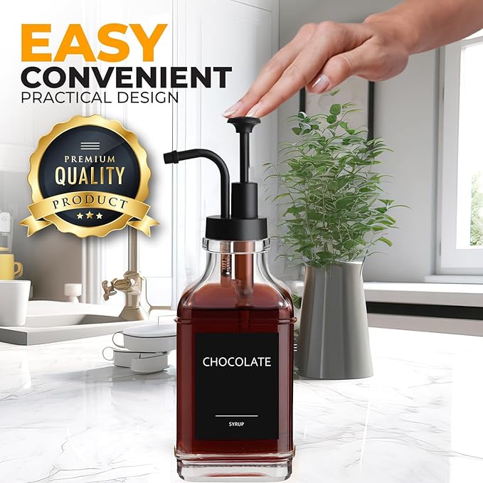 AXIM Coffee Syrup Pump Dispenser,500ml/17oz Glass Syrup Bottle with Pump and Labels, Syrup Bottles for Coffee Bar Station Organizer