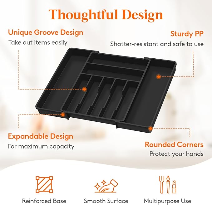 Lifewit Silverware Drawer Organizer, Expandable BPA Free Plastic Utensil Tray for Kitchen, Adjustable Flatware Cutlery Holder for Spoons Forks Knives, 13-22.3 x 16.7", Black