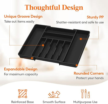 Lifewit Silverware Drawer Organizer, Expandable BPA Free Plastic Utensil Tray for Kitchen, Adjustable Flatware Cutlery Holder for Spoons Forks Knives, 13-22.3 x 16.7", Black