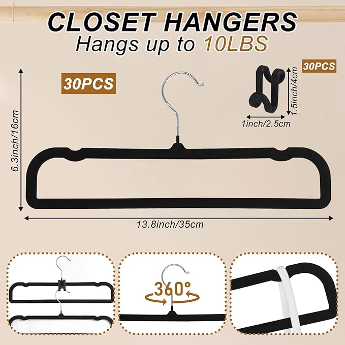 Pants Hangers Space Saving, 30 Pack Velvet Hangers for Closet with 30 Hooks, Strong Durable Non Slip Slim Clothes Hanger, Ultra Soft Flocked Hanger for Pants, Shirts, Bra, Shorts (Black)