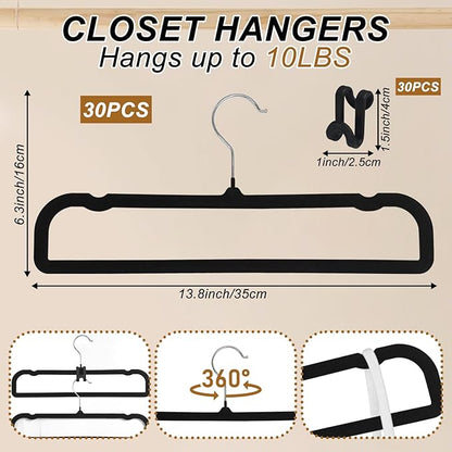 Pants Hangers Space Saving, 30 Pack Velvet Hangers for Closet with 30 Hooks, Strong Durable Non Slip Slim Clothes Hanger, Ultra Soft Flocked Hanger for Pants, Shirts, Bra, Shorts (Black)