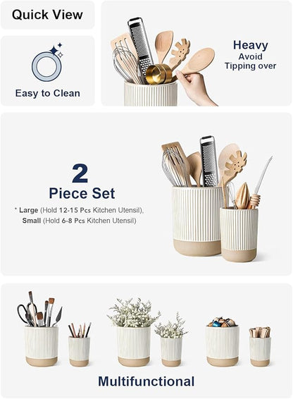 LE TAUCI Ceramic Utensil Holder for Kitchen Counter - 6.9"+5.3" Large Kitchen Utensil Holder Set of 2, Cooking Utensil Crock & Organizer for Spatula, Spoon - Modern Kitchen Decor, Cream Beige, Line