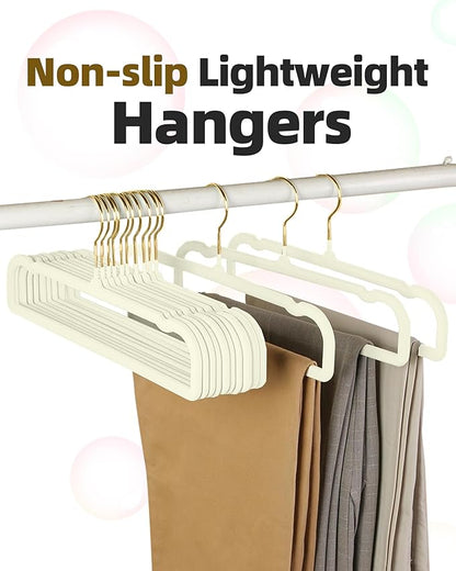 HGYZE Velvet Pants Hangers 20 Pack, 360° Swivel Gold Hook, Non Slip Felt Hanger for Spaghetti Strap Dresses Slack Jean, Short Neck Pant Bar for Closet, Cute Flocked Trouser for Adult Teen