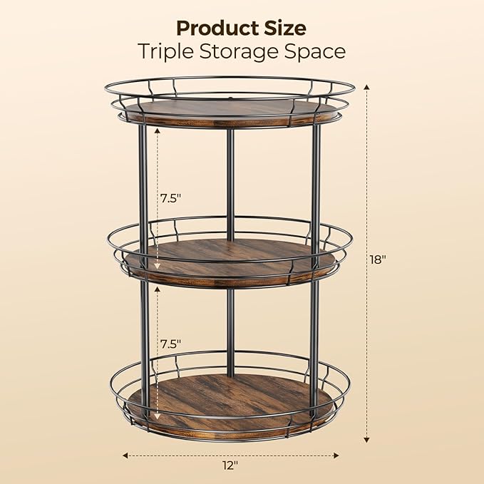 LAMU 12'' Lazy Susan Turntable Organizer, 3 Tier Round Rotating Spice Rack Organization for Kitchen Cabinet and Countertop, Wooden Lazy Susan for Table Top, Pantry, Bathroom, Vanity, Home Decor