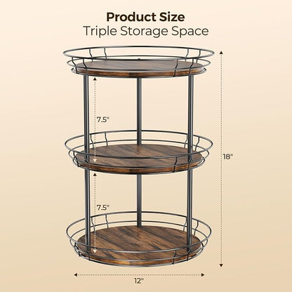 LAMU 12'' Lazy Susan Turntable Organizer, 3 Tier Round Rotating Spice Rack Organization for Kitchen Cabinet and Countertop, Wooden Lazy Susan for Table Top, Pantry, Bathroom, Vanity, Home Decor
