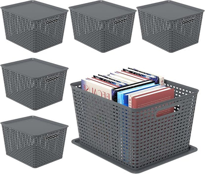 6-Pack Large Plastic Storage Baskets with Lid, Lidded Storage Organizer Bins, Gray