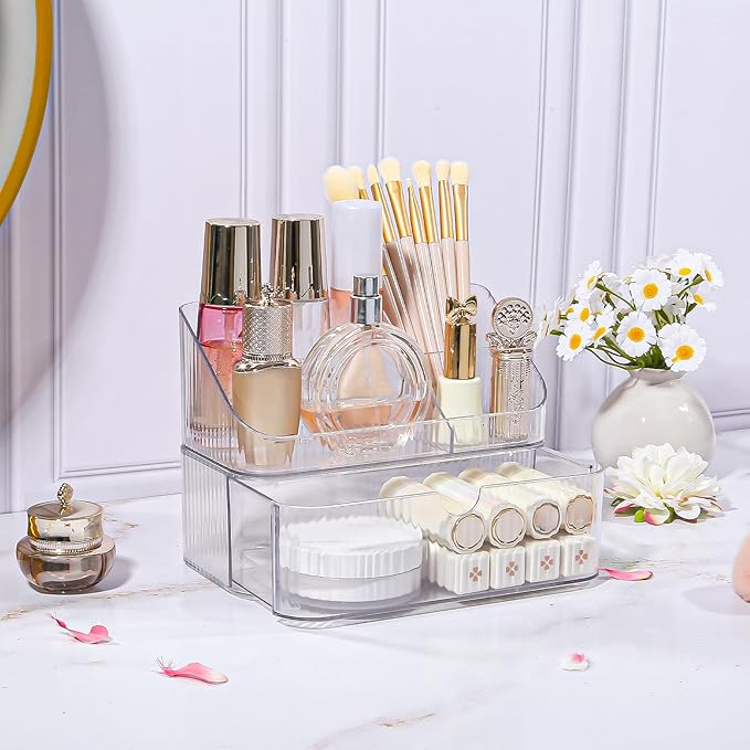 DASITON Makeup Organizer with Drawers, 2 Tier Stackable Organizer for Cosmetics, Skincare, Lipsticks, Makeup Brush, Acrylic Small Makeup Organizers for Vanity Bathroom Countertop Desk Storage (Clear)