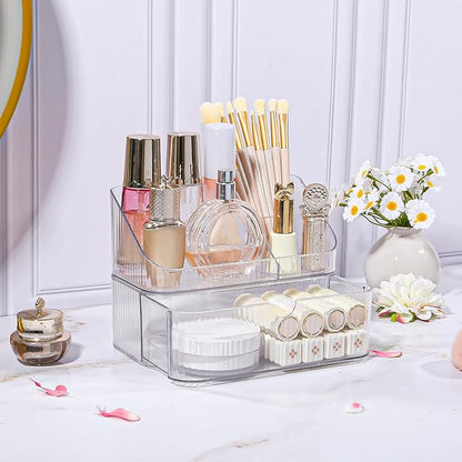 DASITON Makeup Organizer with Drawers, 2 Tier Stackable Organizer for Cosmetics, Skincare, Lipsticks, Makeup Brush, Acrylic Small Makeup Organizers for Vanity Bathroom Countertop Desk Storage (Clear)