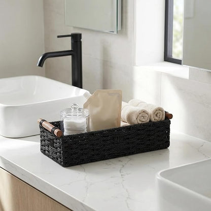 Black Woven Bathroom Basket with Wood Handles — Toilet Paper Storage Organizer for Back of Toilet, Paper Rope Wicker Basket, Boho Bathroom Decor Tray for Countertop or Tank Top