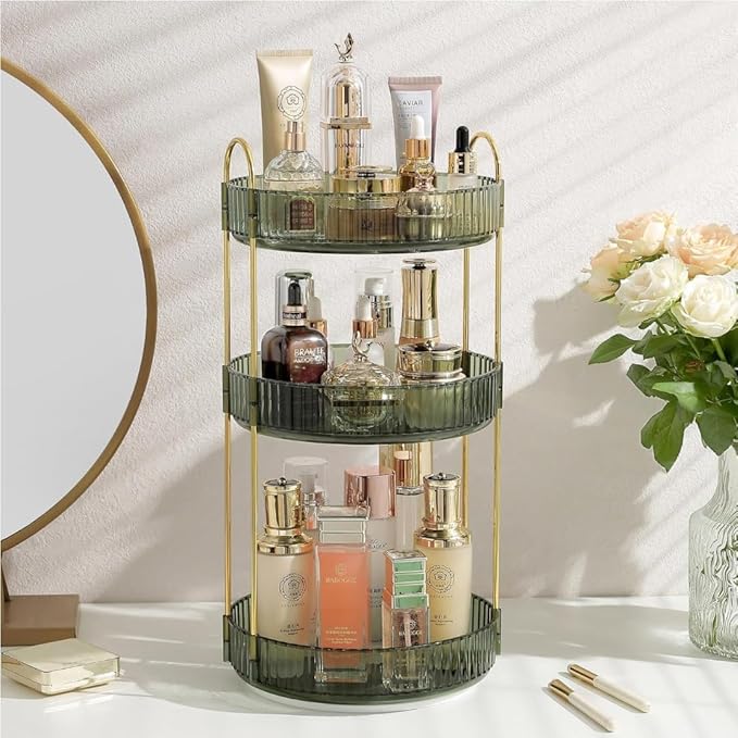 360° Rotating Makeup Organizer, 3 Tier Spinning Cosmetic Organizer for Vanity & Bathroom Countertop, Holds Tall Skincare Bottles, Perfume & Beauty Accessories – Clear Green
