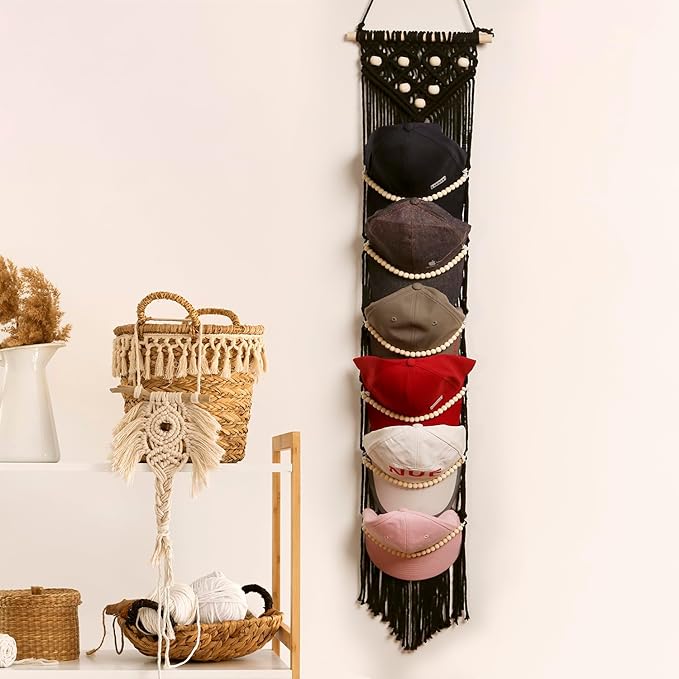 Ball Cap Hanger-1 Pack-Boho Macrame Cap Holder Wall Hat Organizer for Baseball Cap Holder Over Door, Hat Rack for Wall, Cap Rack for Decoration and Display（Black