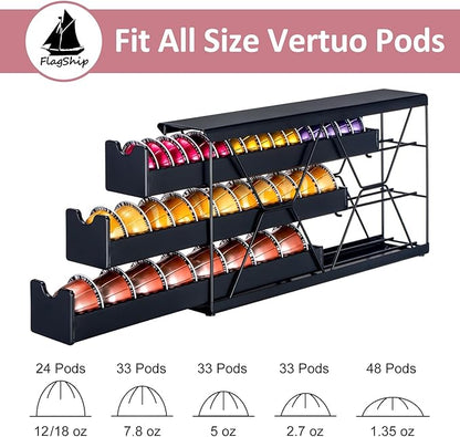 FlagShip 3-Tier Nespresso Pod Holder & Vertuo Coffee Capsule Organizer - Black Metal Space-Saving Storage Holds 30+ Pods Fits All Size Vertuo Pod