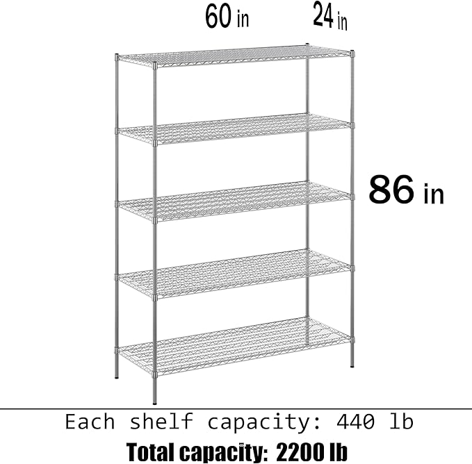 24" Deep x 60" Wide x 86" Height Wire Shelving Kit | 5-Tier | NSF Commercial Storage Rack Unit