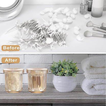 2 Pack Glass Qtip Holder with Lid, Apothecary Jars with Lids, Glass Bathroom Jars for Cotton Ball, Swab, Pads, Floss Picks, Bathroom Accessories Organization and Vanity Organizer (Amber)
